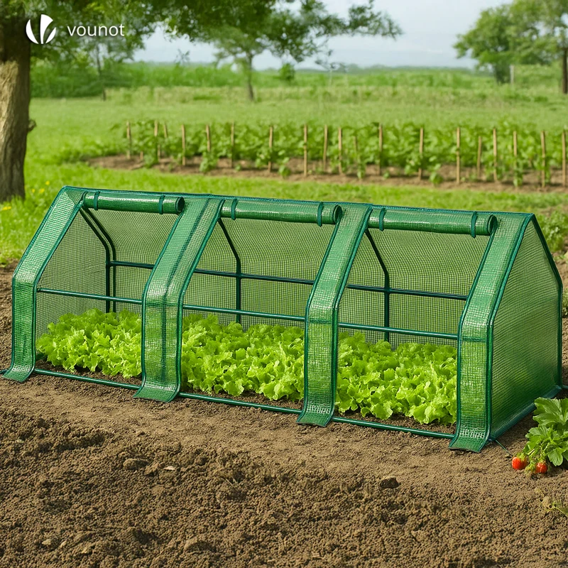 Mini Serre de jardin avec 3 portes enroulables bache PE renforcee 135g/m2 270x90x90cm Vert