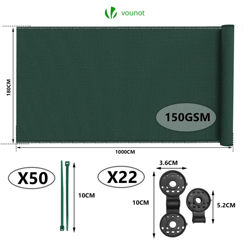 Brise vue occultant en HDPE 150g/m² 1.8x10m avec attaches de fixation vert