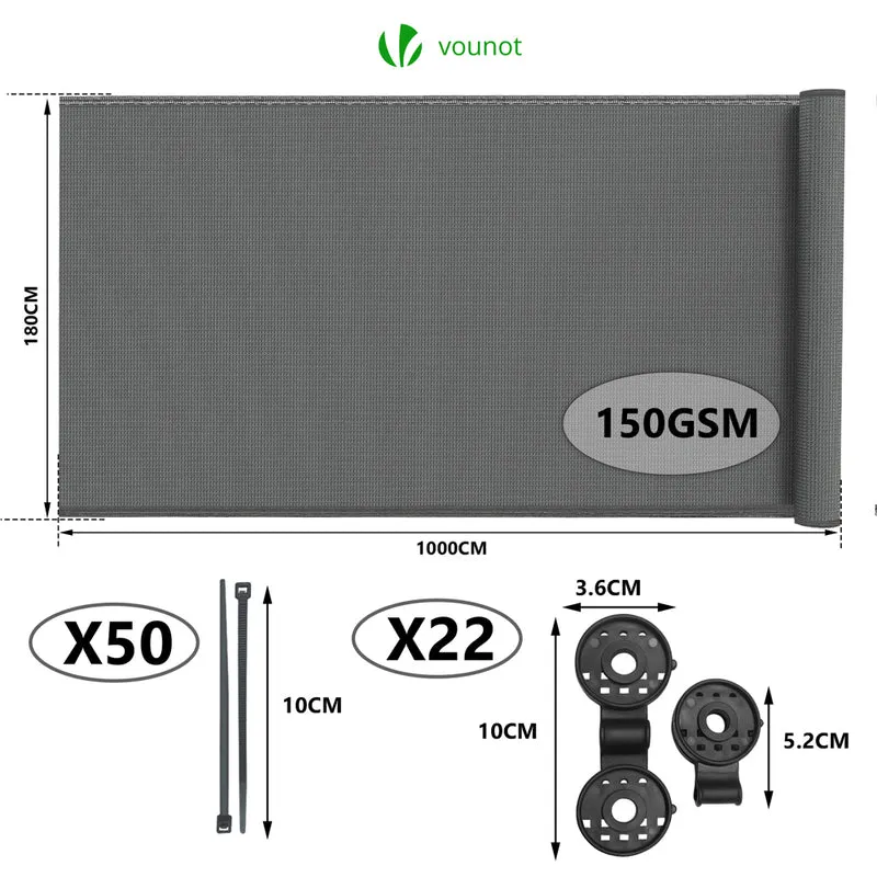 Brise vue occultant en HDPE 150g/m² 1.8x10m avec attaches de fixation gris