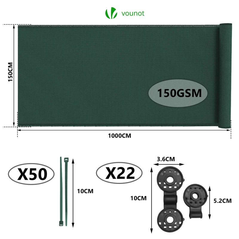Brise vue occultant en HDPE 150g/m² 1.5x10m avec attaches de fixation vert