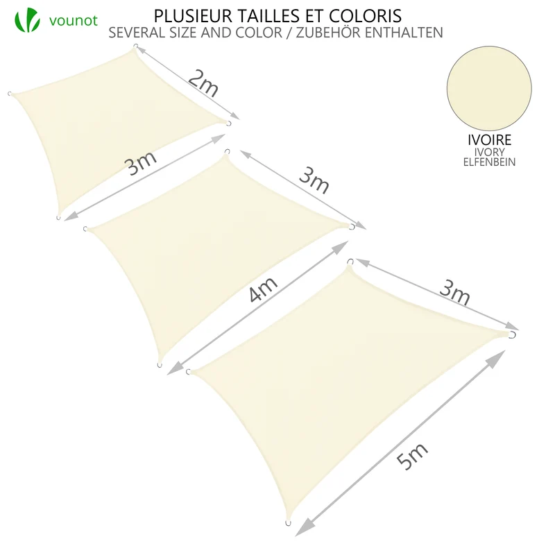 Voile d’ombrage Rectangulaire Imperméable Polyester avec Corde 3x4m Beige