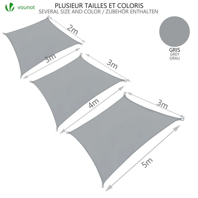 Voile d’ombrage Rectangulaire Imperméable Polyester avec Corde 3x2m Gris
