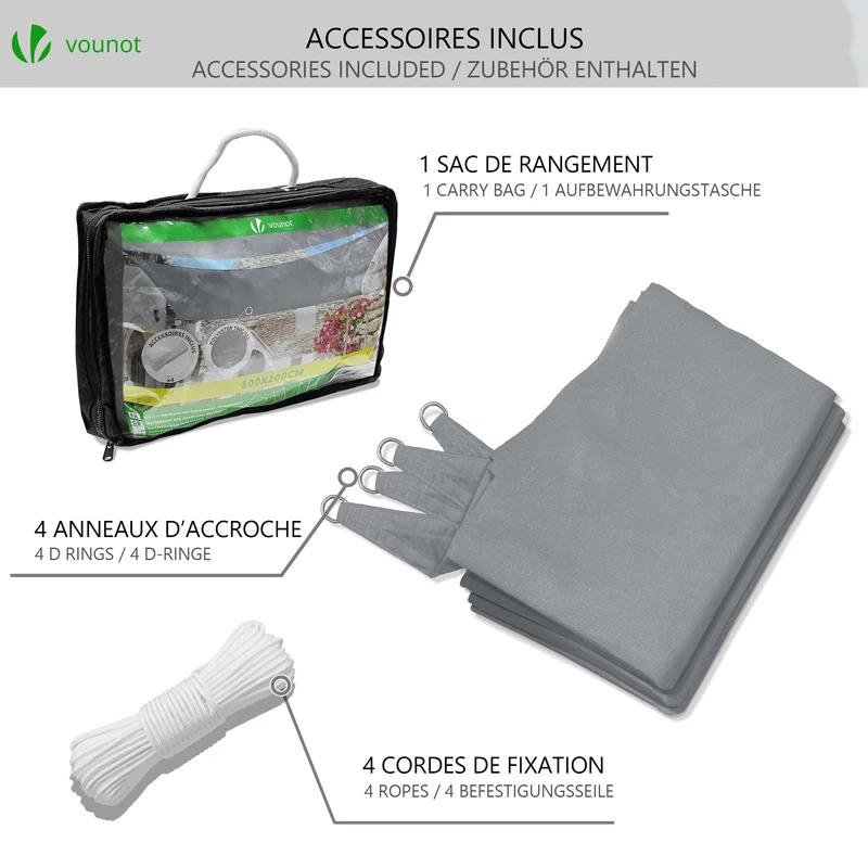 Voile d’ombrage Rectangulaire Imperméable Polyester avec Corde 3x2m Gris