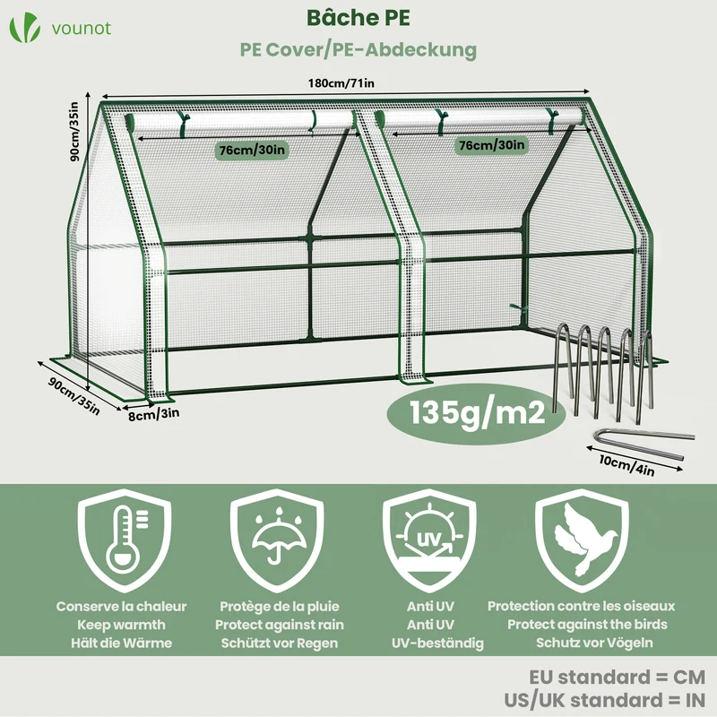Mini Serre de jardin avec 2 portes enroulables bache PE renforcee 135g/m2 180x90x90cm Blanc