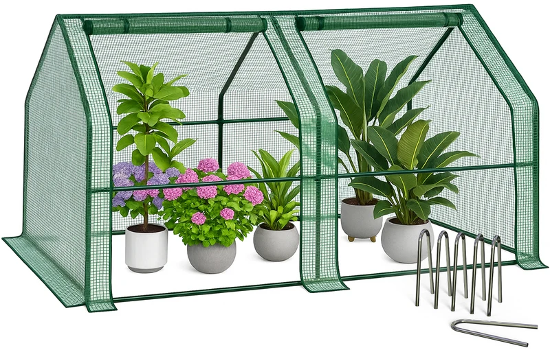 Mini Serre de jardin avec 2 portes enroulables bache PE renforcee 135g/m2 180x90x90cm Vert