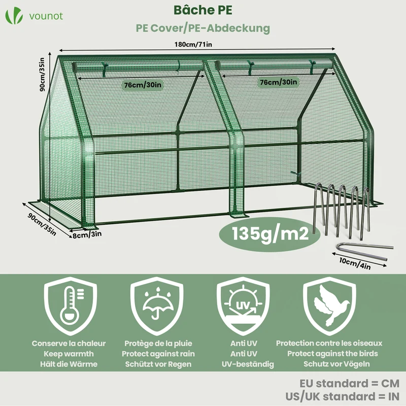 Mini Serre de jardin avec 2 portes enroulables bache PE renforcee 135g/m2 180x90x90cm Vert