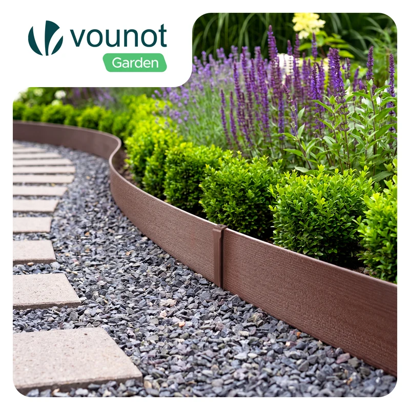 Bordure de jardin PE flexible 10M x 8 CM avec piquets marron