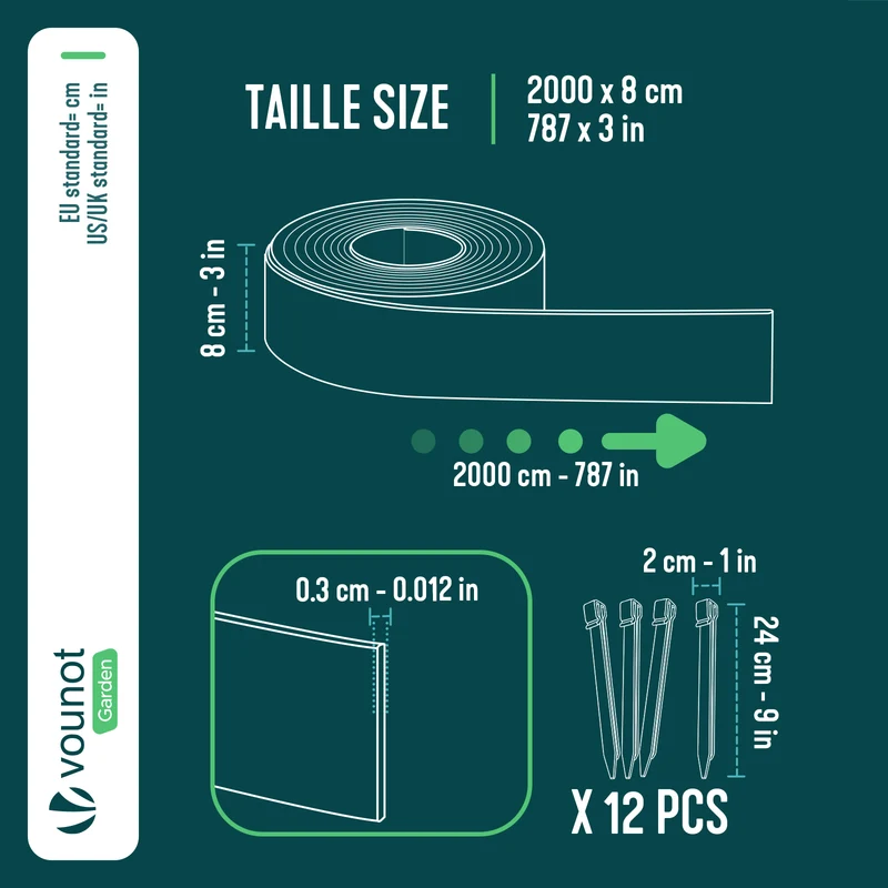 Bordure de jardin PE flexible 20M x 8 CM avec piquets gris