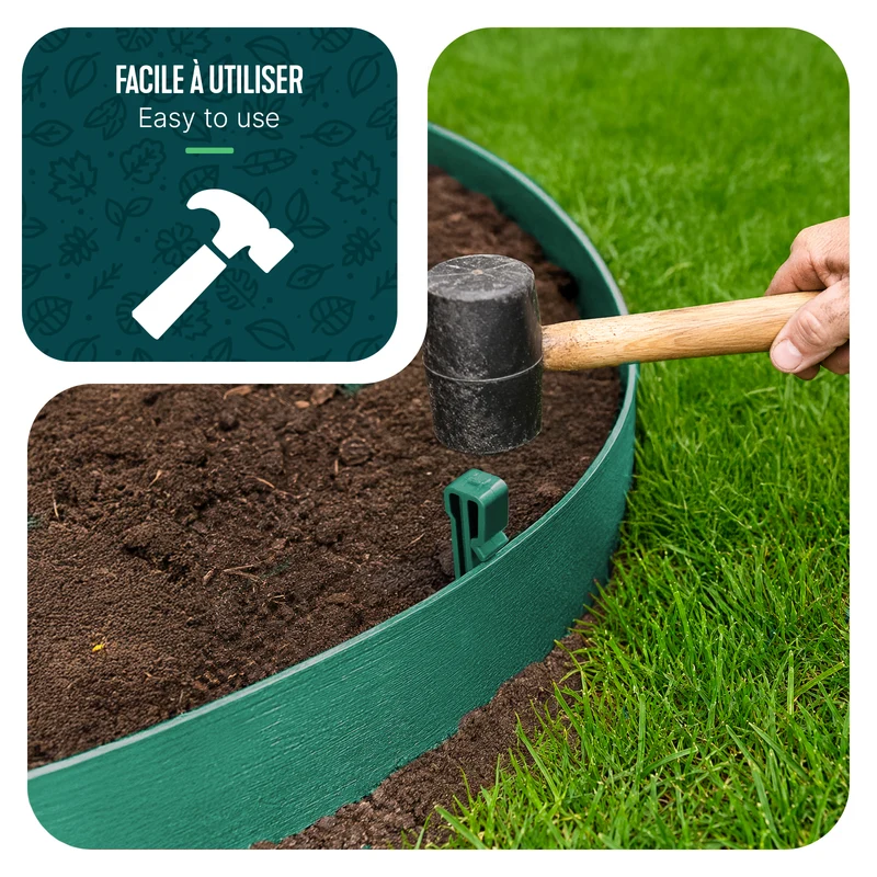 Bordure de jardin PE flexible 10M x 8 CM avec piquets vert