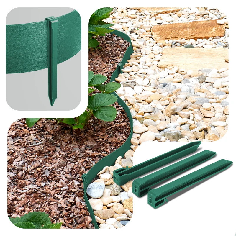Bordure de jardin PE flexible 10M x 8 CM avec piquets vert