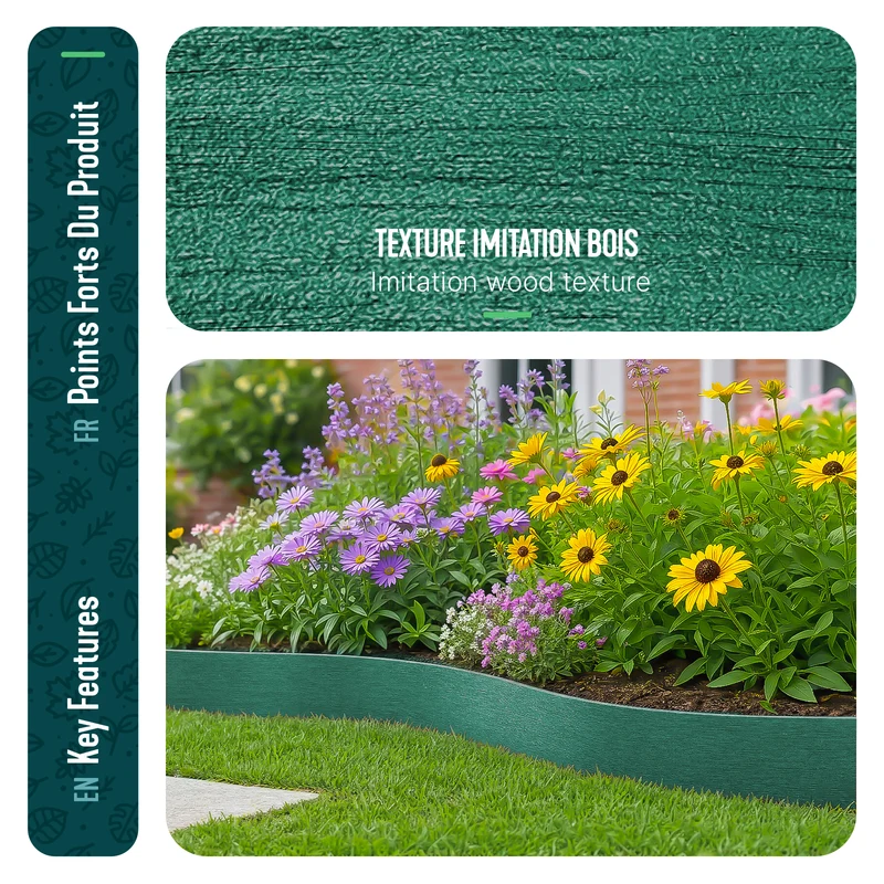 Bordure de jardin PE flexible 10M x 8 CM avec piquets vert