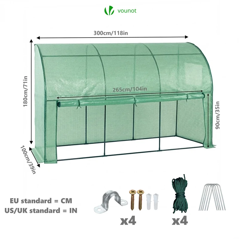 Serre de jardin hivernage murale adossee avec bache PE 300x100x180cm vert
