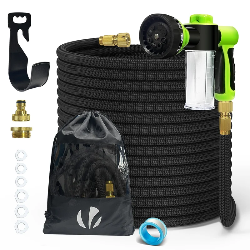 Tuyau d’Arrosage Extensible 30m avec Récipient Savon et accessoires noir