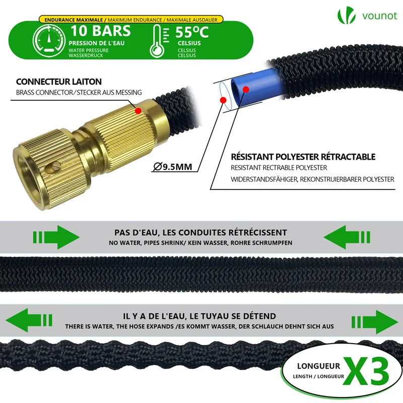 Tuyau d’Arrosage Extensible 30m avec Récipient Savon et accessoires noir