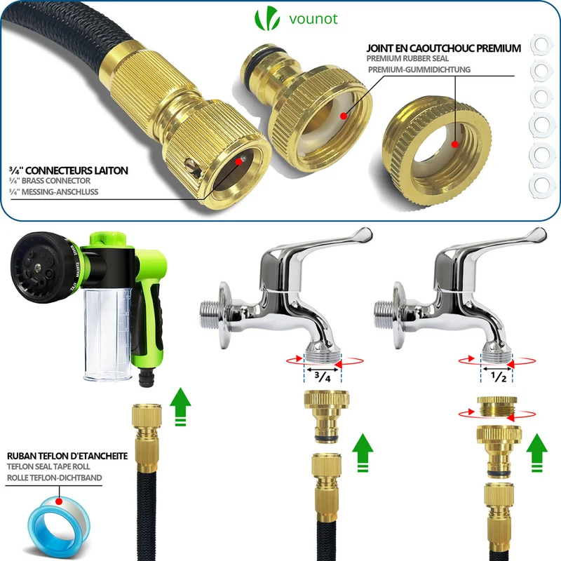 Tuyau d’Arrosage Extensible 30m avec Récipient Savon et accessoires noir