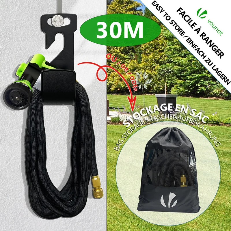 Tuyau d’Arrosage Extensible 30m avec Récipient Savon et accessoires noir