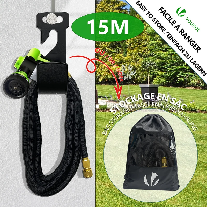 Tuyau d’Arrosage Extensible 15m avec Récipient Savon et accessoires noir