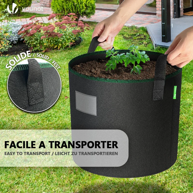Lot de 5 sacs de plantation non tisse 20L avec poignee Noir
