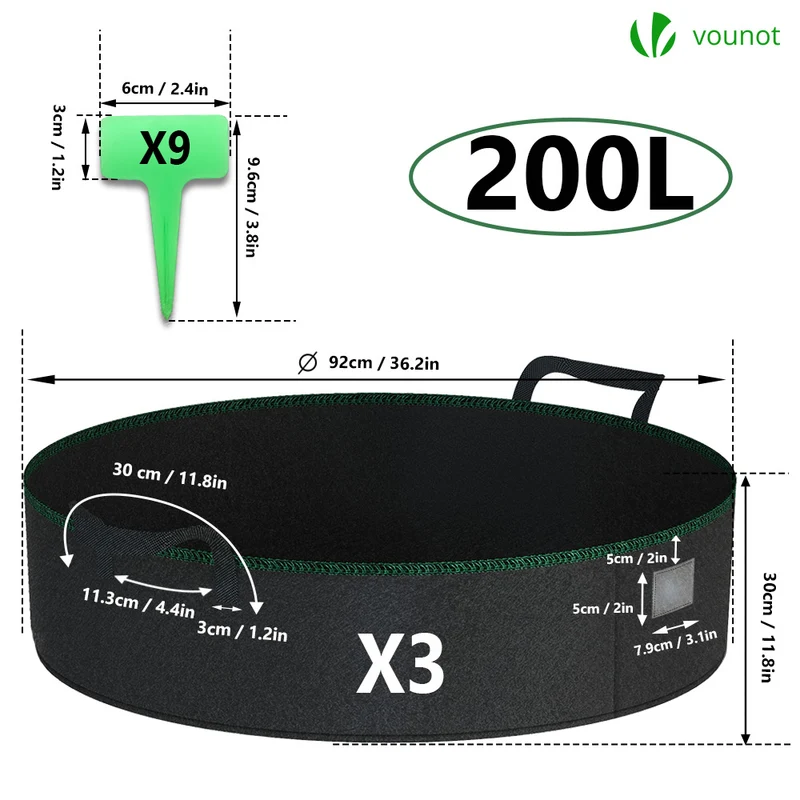 Lot de 3 sacs de plantation non tisse 200L avec poignee Noir