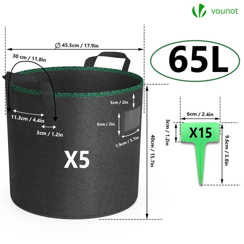Lot de 5 sacs de plantation non tisse 65L avec poignee Noir