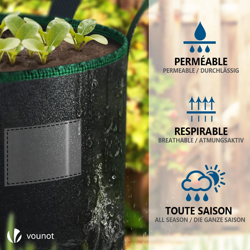 Lot de 5 sacs de plantation non tisse 65L avec poignee Noir