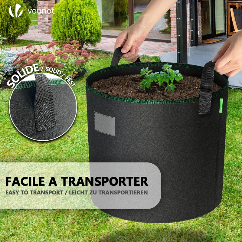 Lot de 5 sacs de plantation non tisse 65L avec poignee Noir