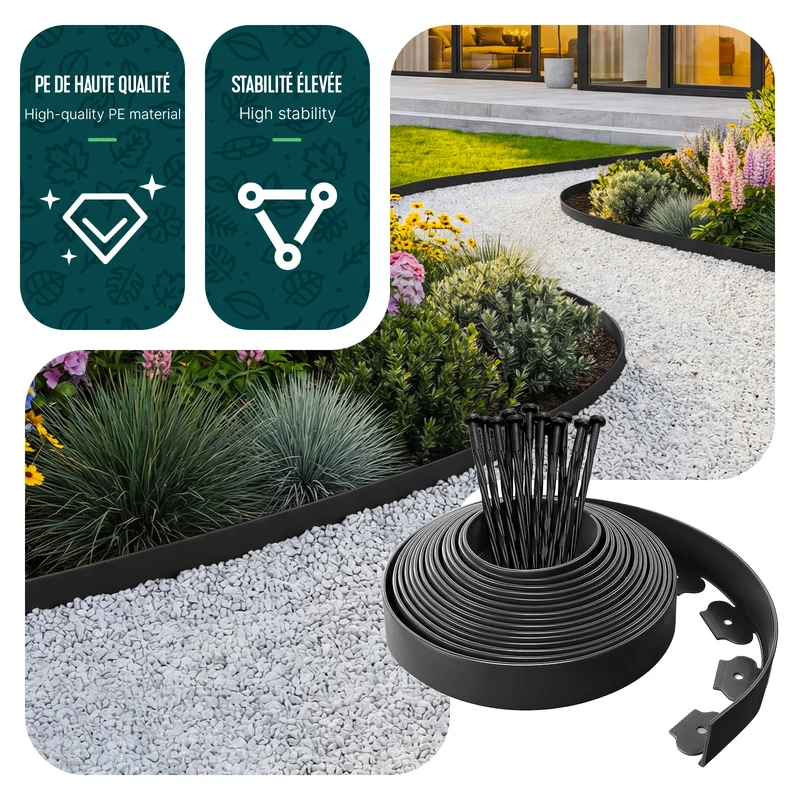 Bordure de jardin plastique flexible 10m avec piquets noir