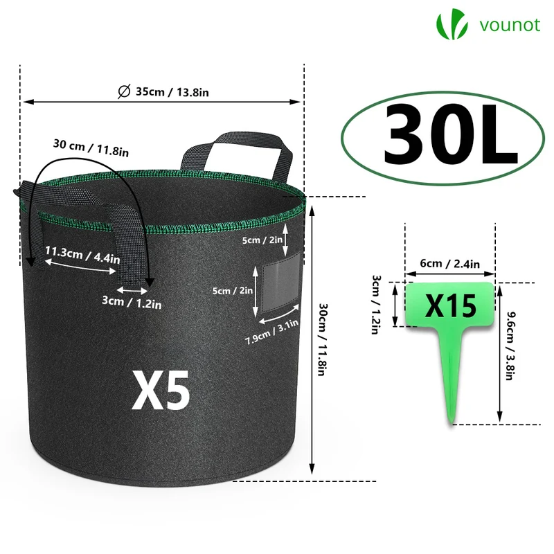 Lot de 5 sacs de plantation non tisse 30L avec poignee Noir