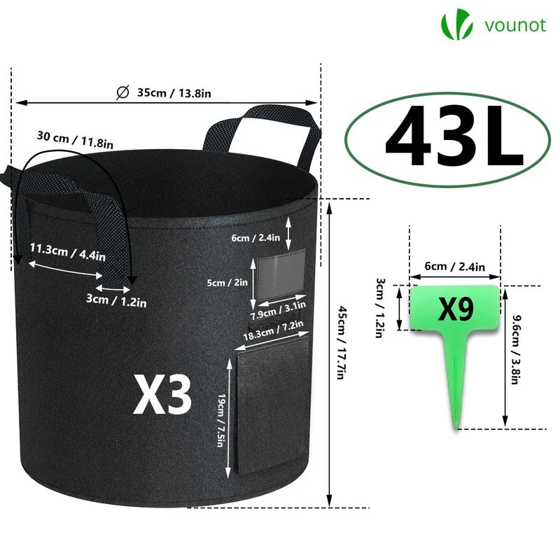 Lot de 3 sacs de plantation non tisse avec fenetre velcro et poignee 43L Noir