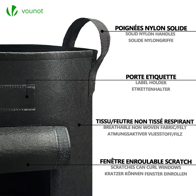 Lot de 3 sacs de plantation non tisse avec fenetre velcro et poignee 43L Noir