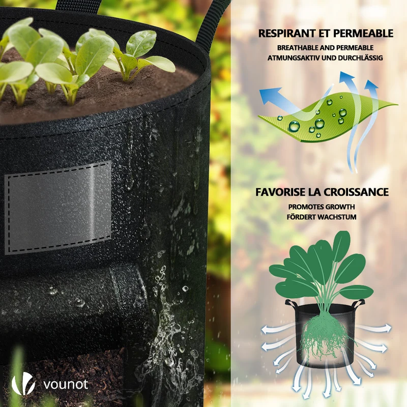Lot de 3 sacs de plantation non tisse avec fenetre velcro et poignee 43L Noir