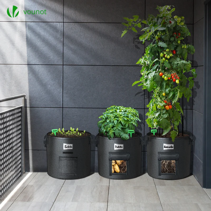 Lot de 3 sacs de plantation non tisse avec fenetre velcro et poignee 43L Noir