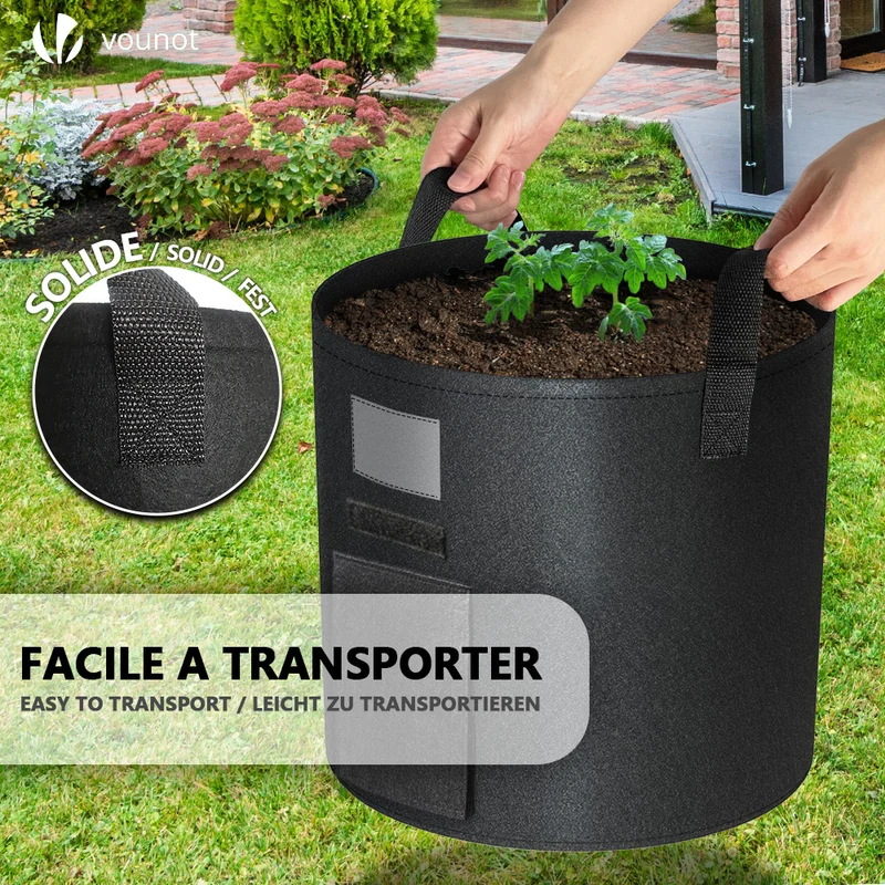 Lot de 3 sacs de plantation non tisse avec fenetre velcro et poignee 43L Noir