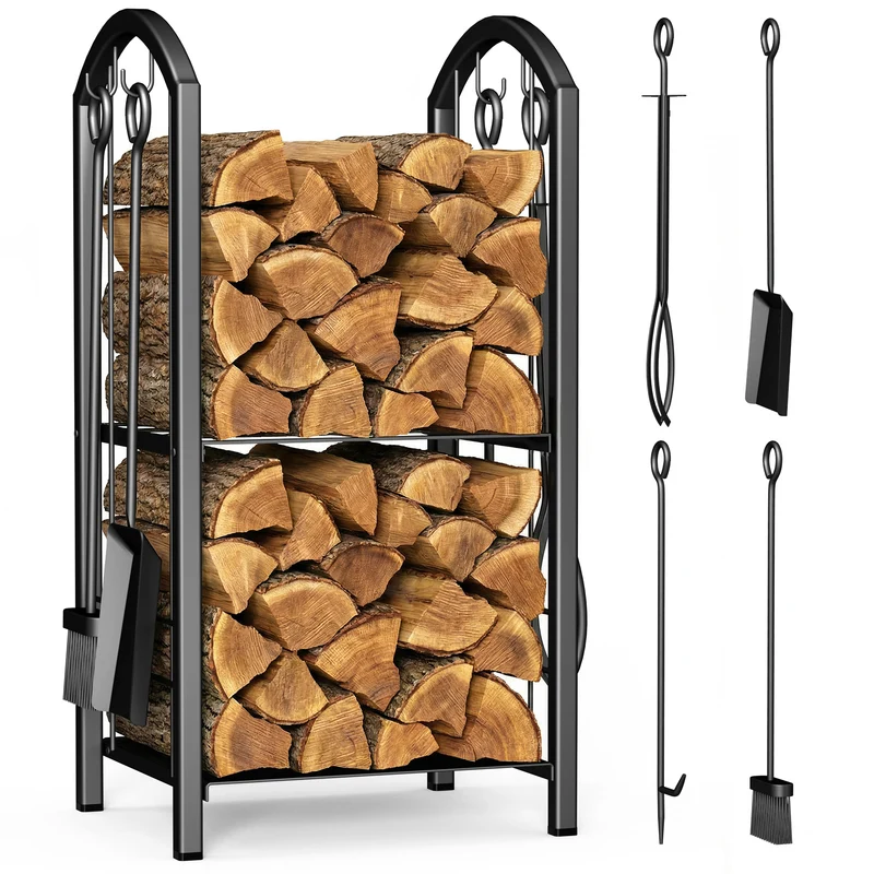 Porte buches cheminee avec 4 outils en metal noir