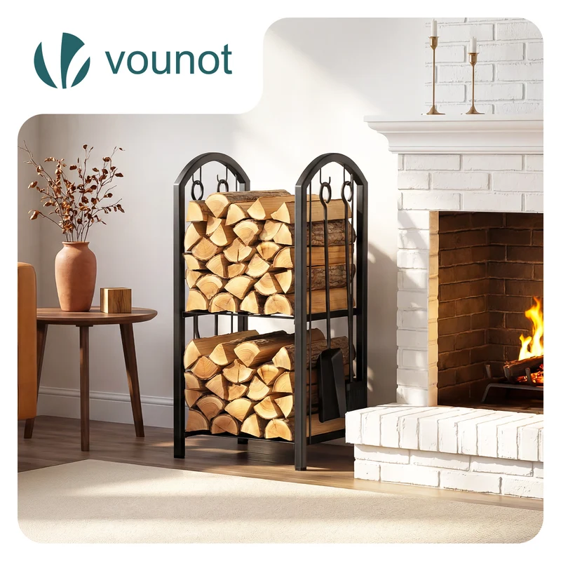 Porte buches cheminee avec 4 outils en metal noir