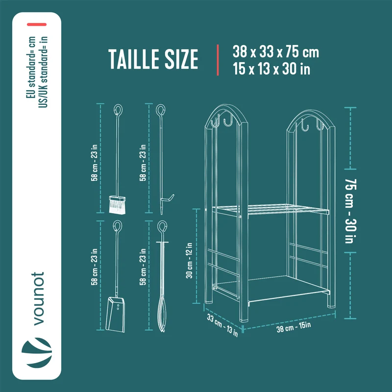 Porte buches cheminee avec 4 outils en metal noir