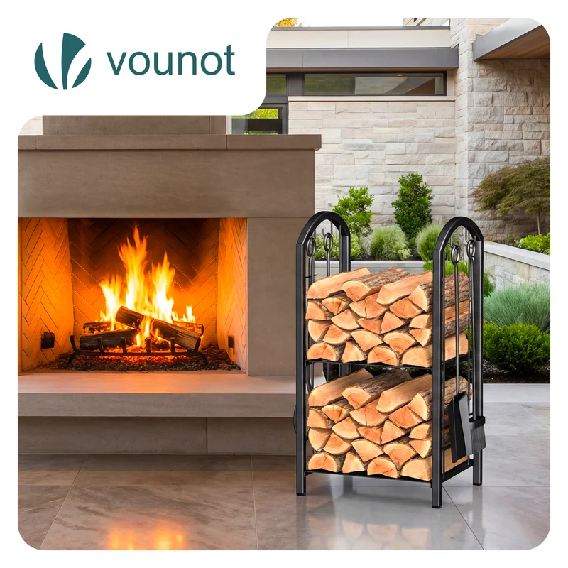 Porte buches cheminee avec 4 outils en metal noir