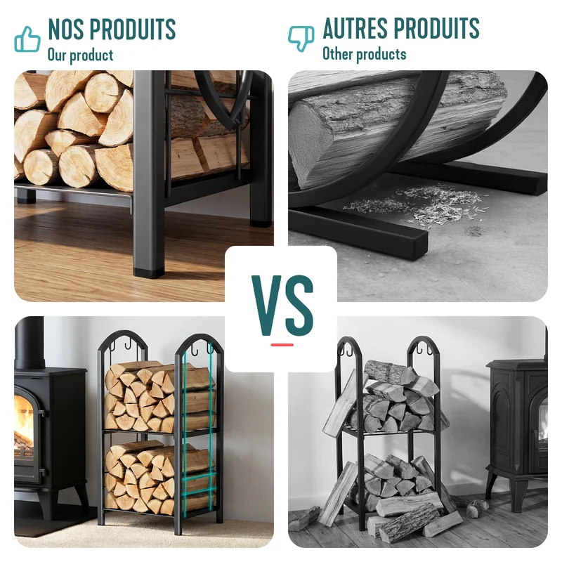 Porte buches cheminee avec 4 outils en metal noir