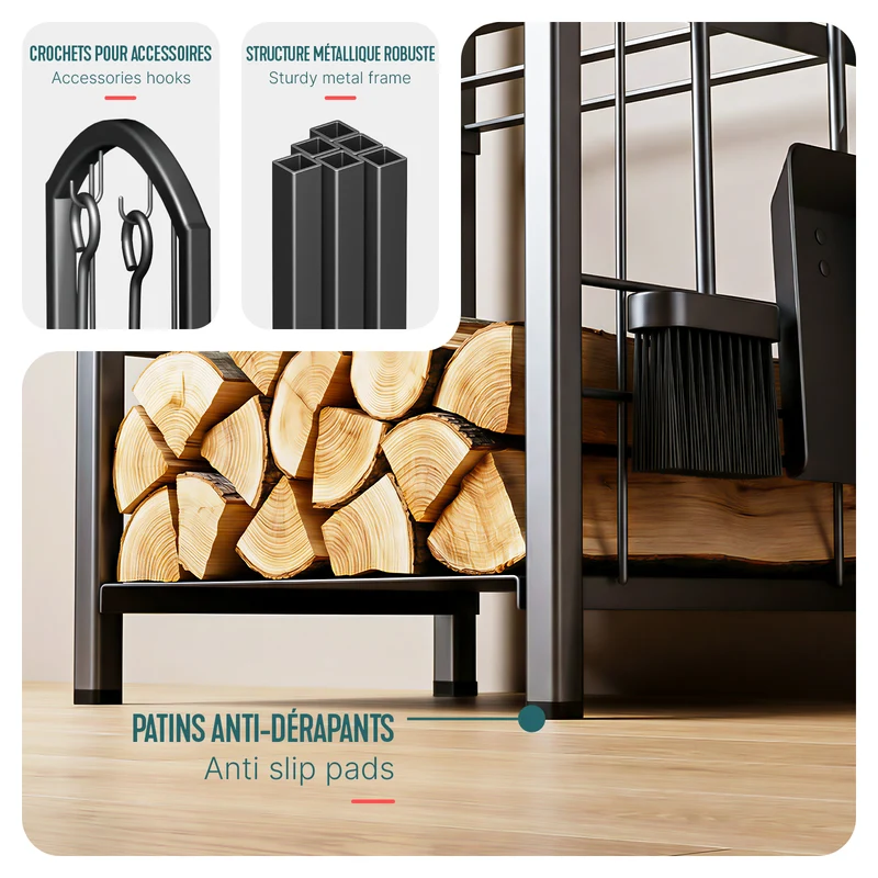 Porte buches cheminee avec 4 outils en metal noir