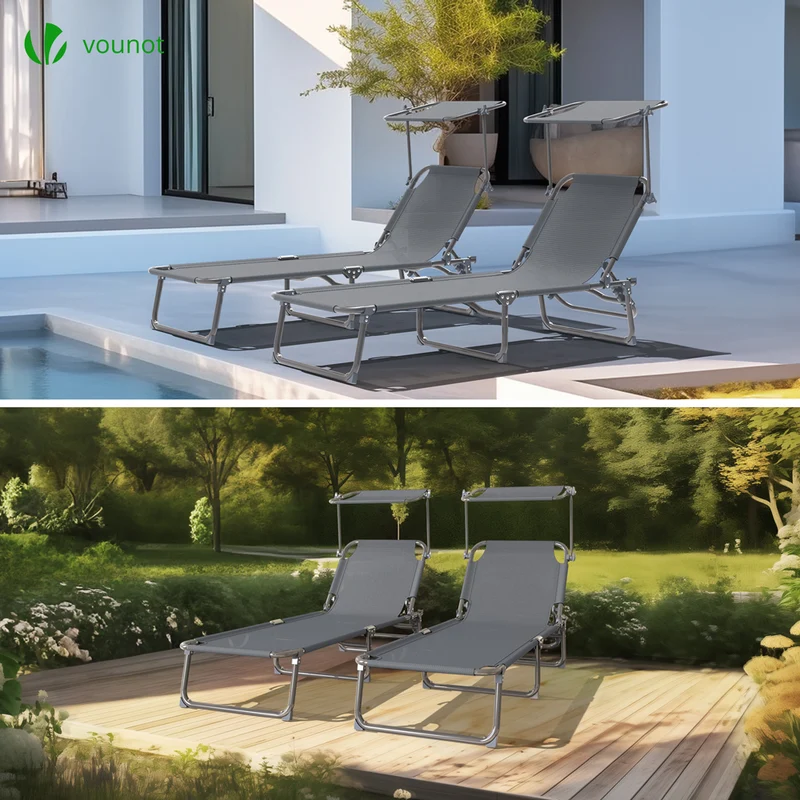 Transat pare soleil Textilene et range magazine Lot de 2 pcs Gris