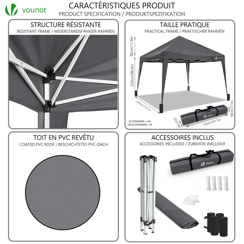 Tonnelle de jardin 3x3m pliable Grise avec sac de transport