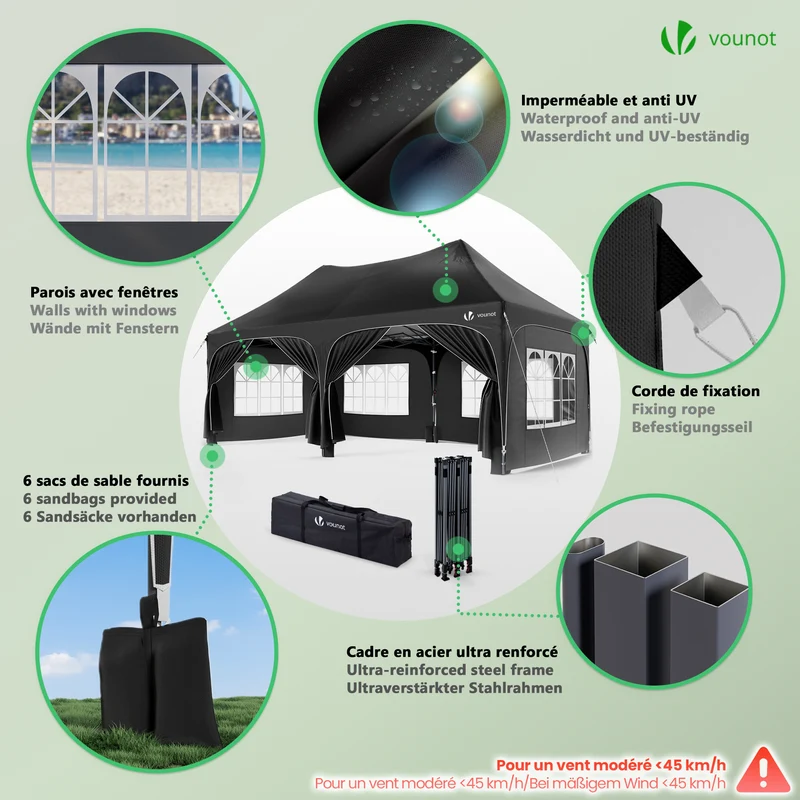 Tonnelle de jardin 3x6m Pliable Barnum avec 6 parois amovibles Noir
