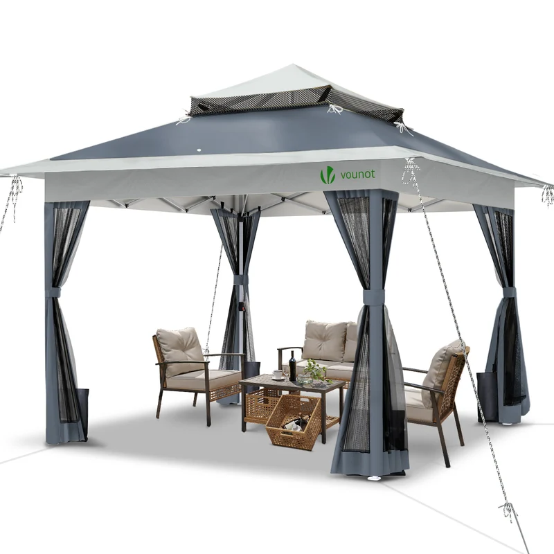 Tonnelle de jardin exterieure pliable avec moustiquaire Pop up 3.6x3.6m gris