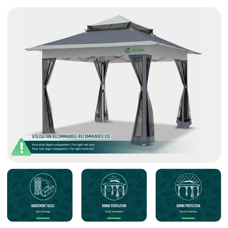 Tonnelle de jardin exterieure pliable avec moustiquaire Pop up 3.6x3.6m gris
