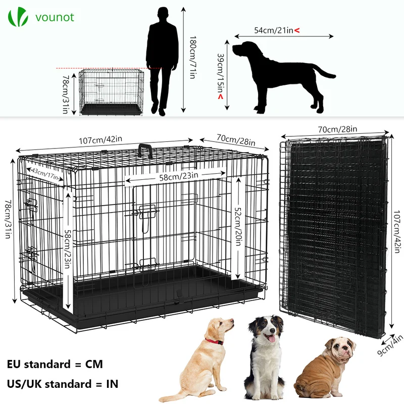 Cage pour chien pliable avec 2 portes verrouillable plateau amovible 107x70x78cm