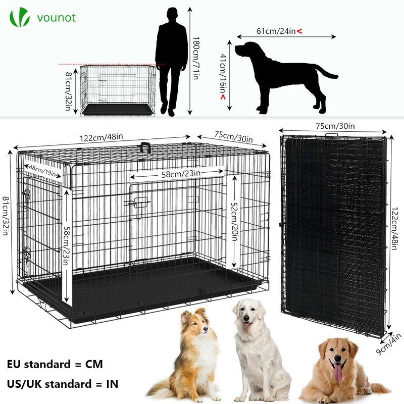 Cage pour chien pliable avec 2 portes verrouillable plateau amovible 122x75x81cm