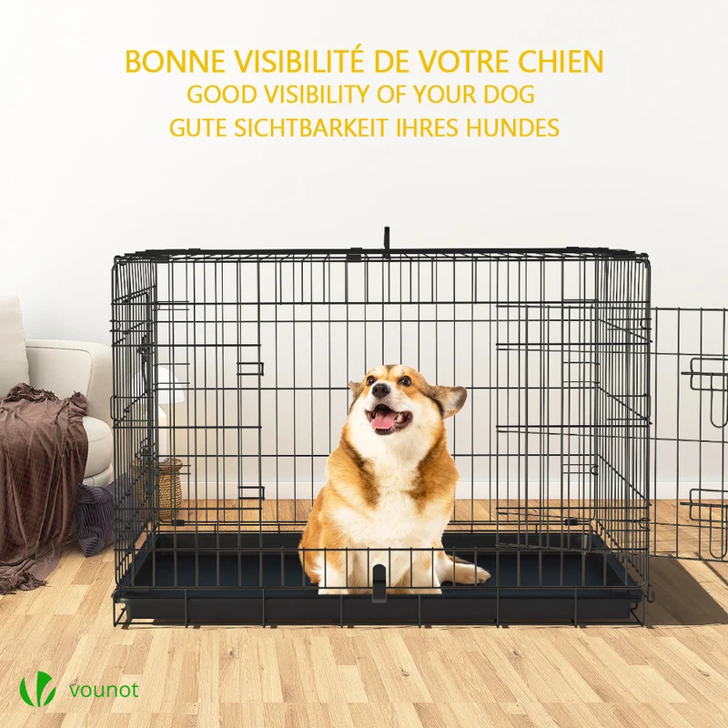 Cage pour chien pliable avec 2 portes verrouillable plateau amovible 92x58x64cm