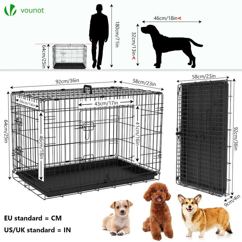 Cage pour chien pliable avec 2 portes verrouillable plateau amovible 92x58x64cm