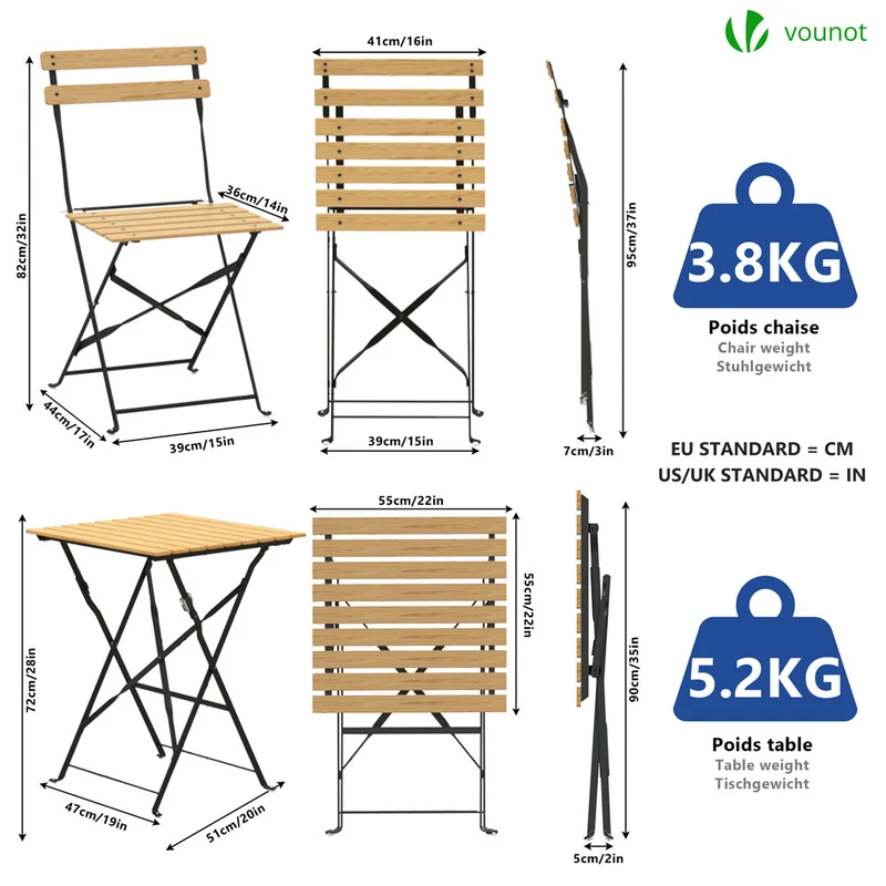 Ensemble bistro extérieur 1 table 2 chaises bois