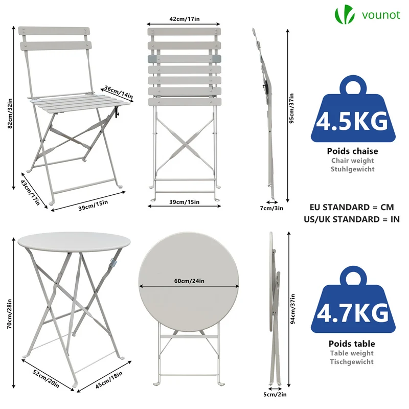 Ensemble bistro extérieur 1 table 2 chaises acier blanc
